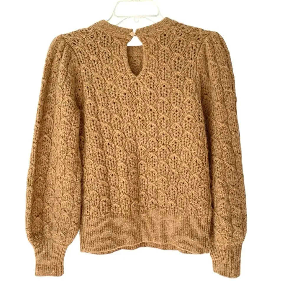J. Crew Balloon Sleeve Open Weave Cable Knit Sweater XS Tan Brown Wool Alpaca